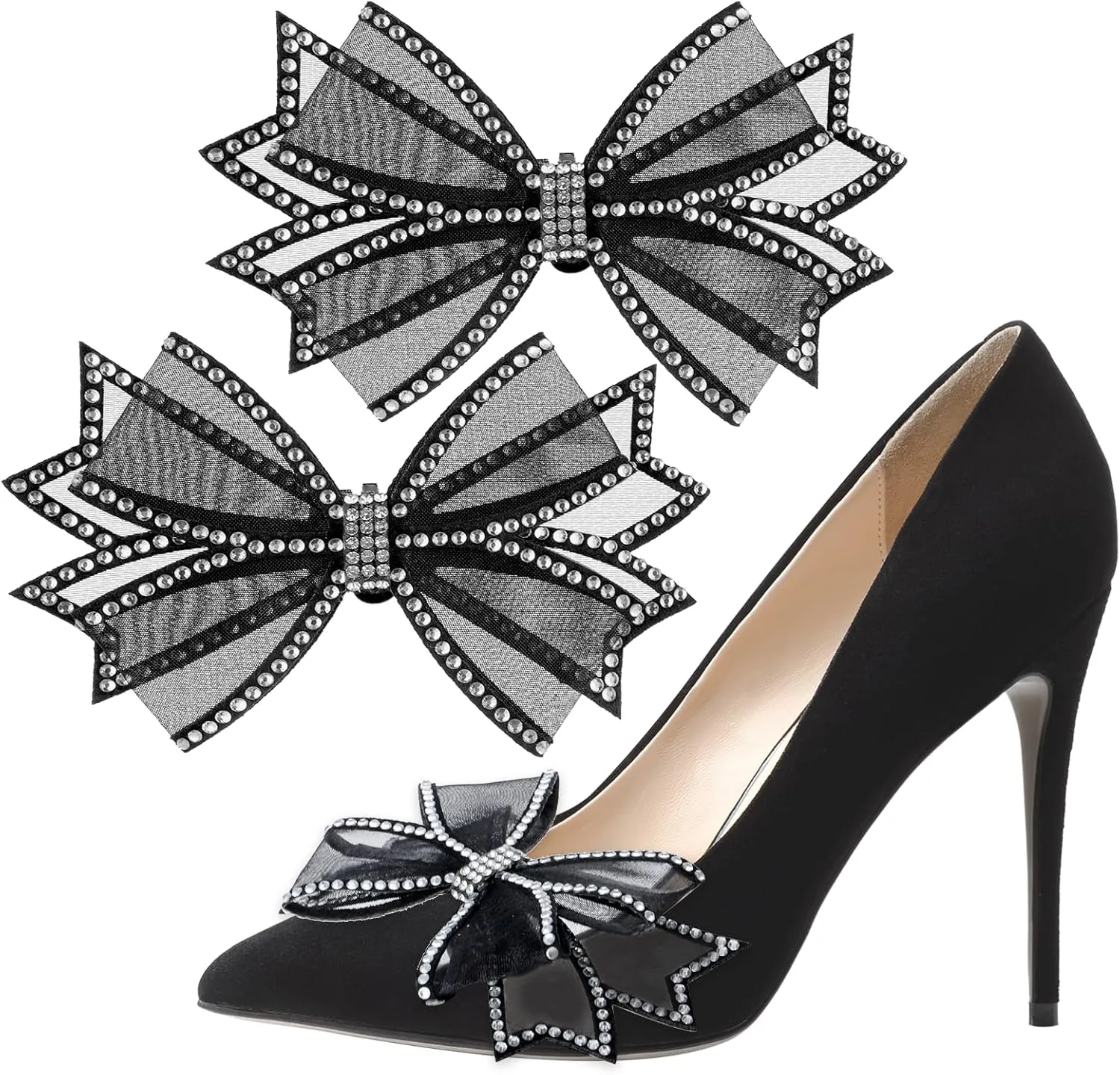 2 Pcs Shoe Clips for Women Dress Shoes, Mesh Bow Rhinestone High Heel Shoe Clips Buckle Detachable Bow Heels Clothing Accessories for Women Girls Bridal Wedding Party Prom Decorations
