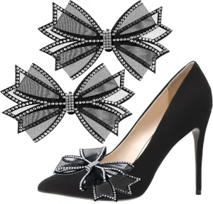 2 Pcs Shoe Clips for Women Dress Shoes, Mesh Bow Rhinestone High Heel Shoe Clips Buckle Detachable Bow Heels Clothing Accessories for Women Girls Bridal Wedding Party Prom Decorations