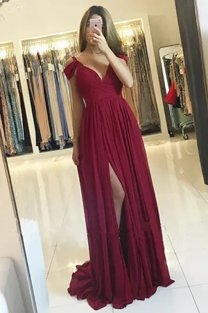 A-Line Deep V-Neck Sweep Train Cold Shoulder Dark Red Chiffon Prom Dress LRA195