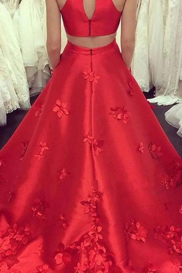 A-Line Jewel Sweep Train Red Satin Open Back Cut Out Appliques Pockets Prom Dress LRA102