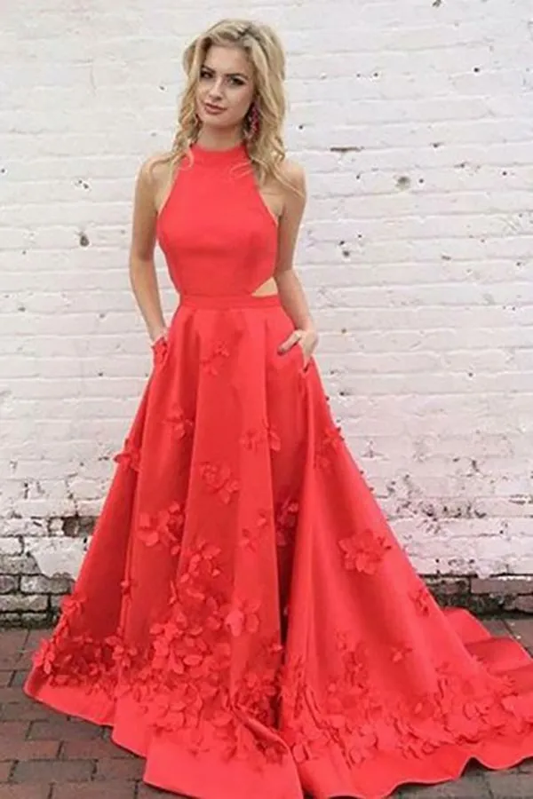 A-Line Jewel Sweep Train Red Satin Open Back Cut Out Appliques Pockets Prom Dress LRA102