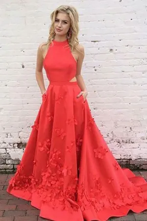 A-Line Jewel Sweep Train Red Satin Open Back Cut Out Appliques Pockets Prom Dress LRA102
