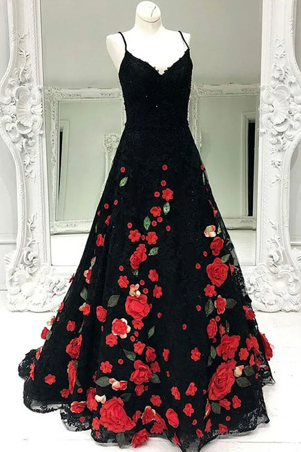 A-Line Spaghetti Straps Sweep Train Black Lace Sleeveless Prom Dress with Appliques LRA127