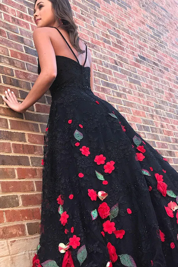 A-Line Spaghetti Straps Sweep Train Black Lace Sleeveless Prom Dress with Appliques LRA127