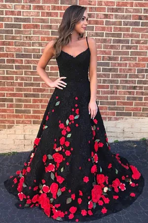 A-Line Spaghetti Straps Sweep Train Black Lace Sleeveless Prom Dress with Appliques LRA127