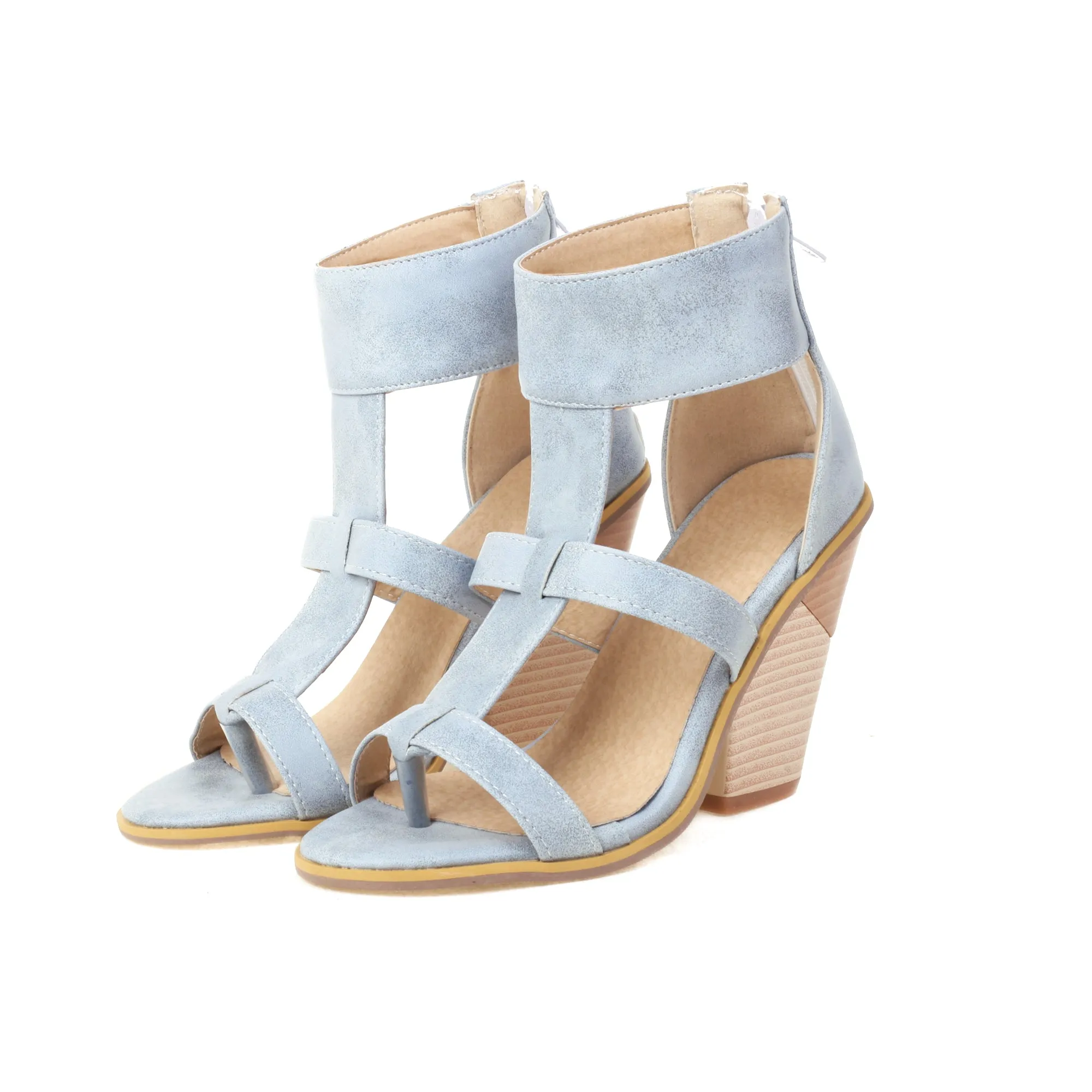 Bigsizeheels Wood Grain Cut-Outs Wedge Sandals-Light blue