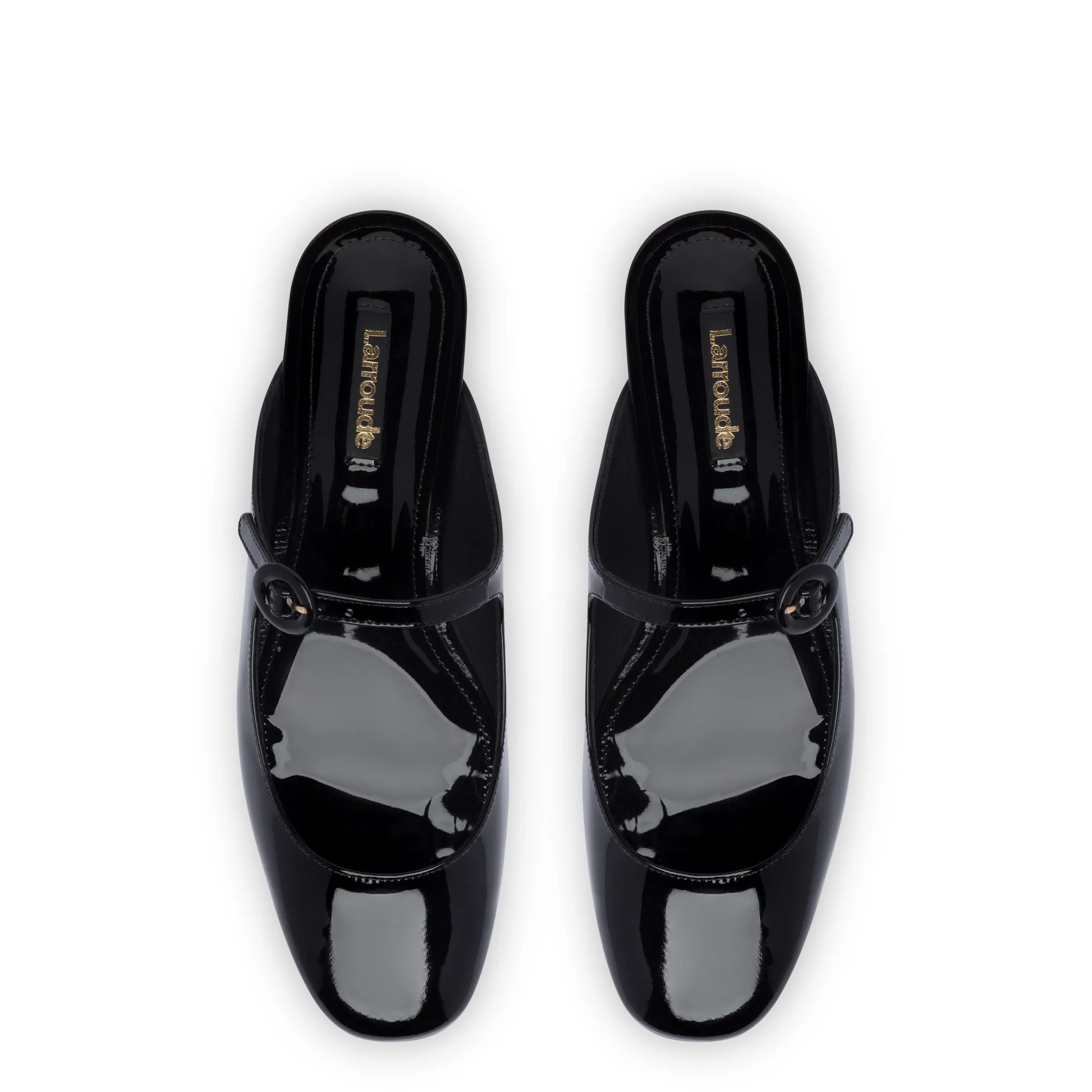 Blair Flat Mule In Black Patent Leather by Larroudé