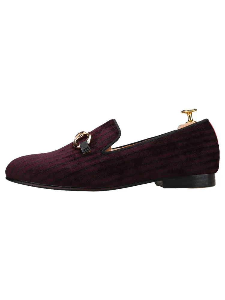 British style imported burgundy suede handmade men's slip-on smoking shoes rhinestone metal buckle formal loafers
