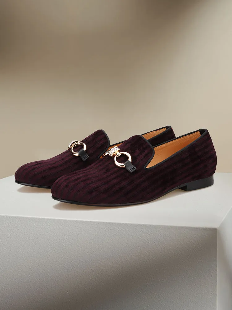 British style imported burgundy suede handmade men's slip-on smoking shoes rhinestone metal buckle formal loafers