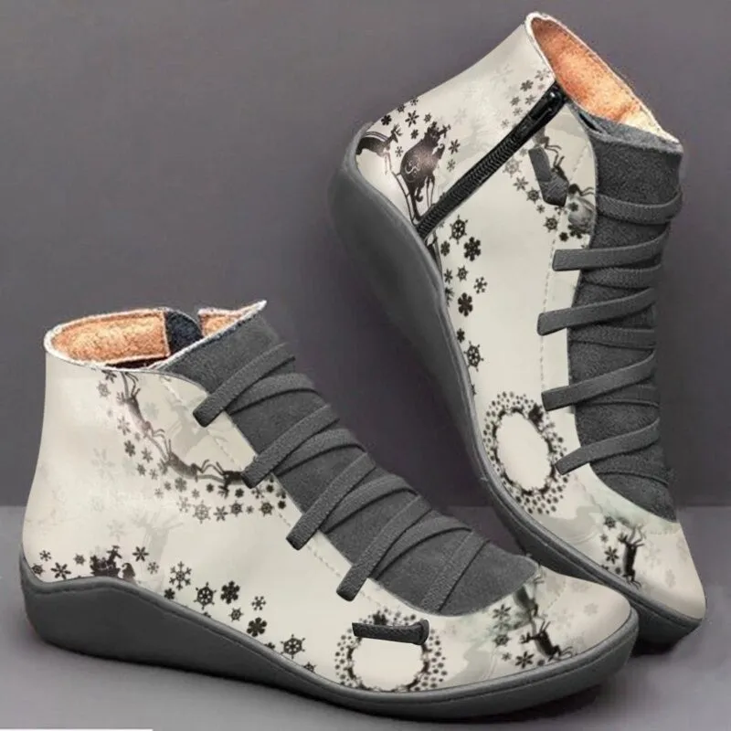 Cuzcare Women Boots Leather Chrismas Santa Orthopedic Shoes