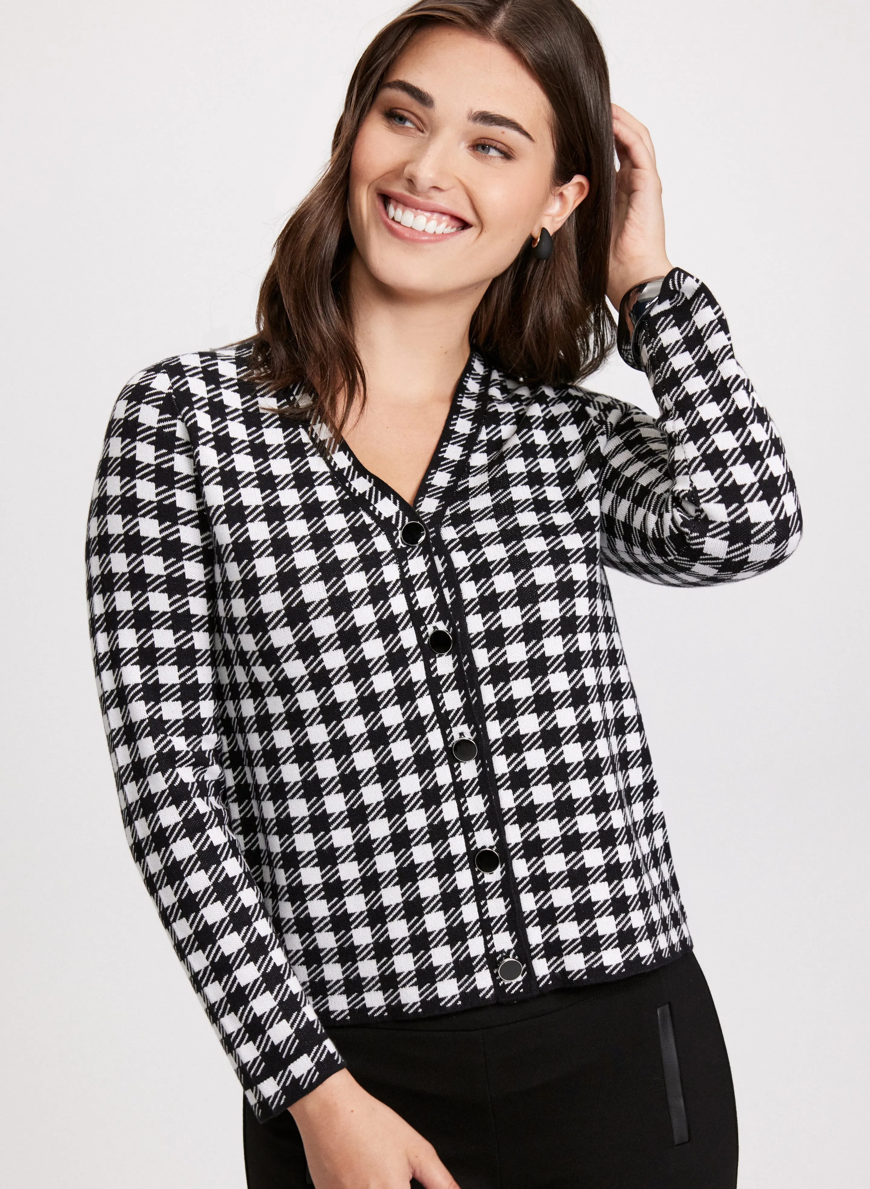 Houndstooth Print Button-Up Cardigan