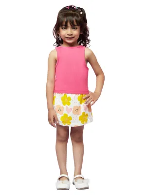 Kid Girls' Pink Ribbed Top and White & Yellow Flower Printed Skirt