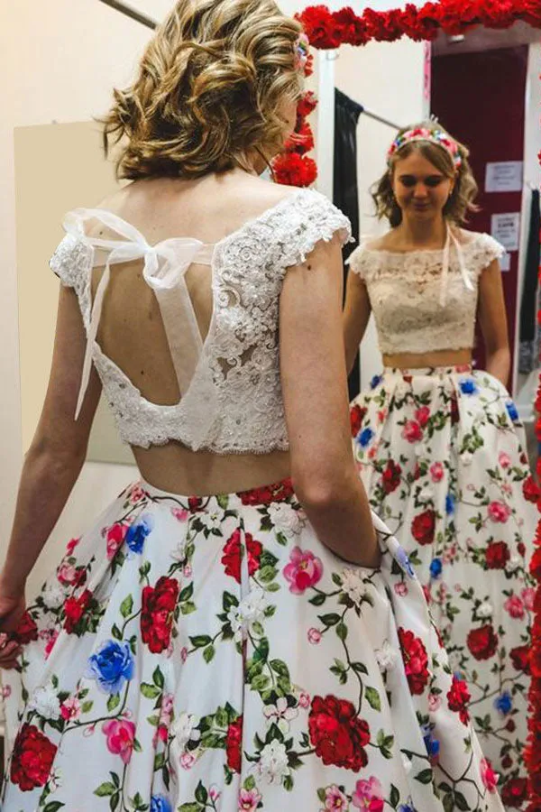 Two Piece Bateau Sweep Train White Printed Satin Prom Dress with Appliques Pockets LR191
