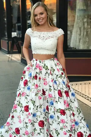 Two Piece Bateau Sweep Train White Printed Satin Prom Dress with Appliques Pockets LR191