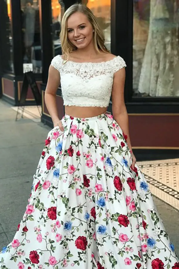 Two Piece Bateau Sweep Train White Printed Satin Prom Dress with Appliques Pockets LR191