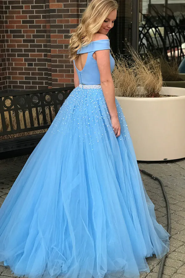 Two Piece Off-the-Shoulder Sweep Train Open Back Blue Tulle Prom Dress with Beading LR241