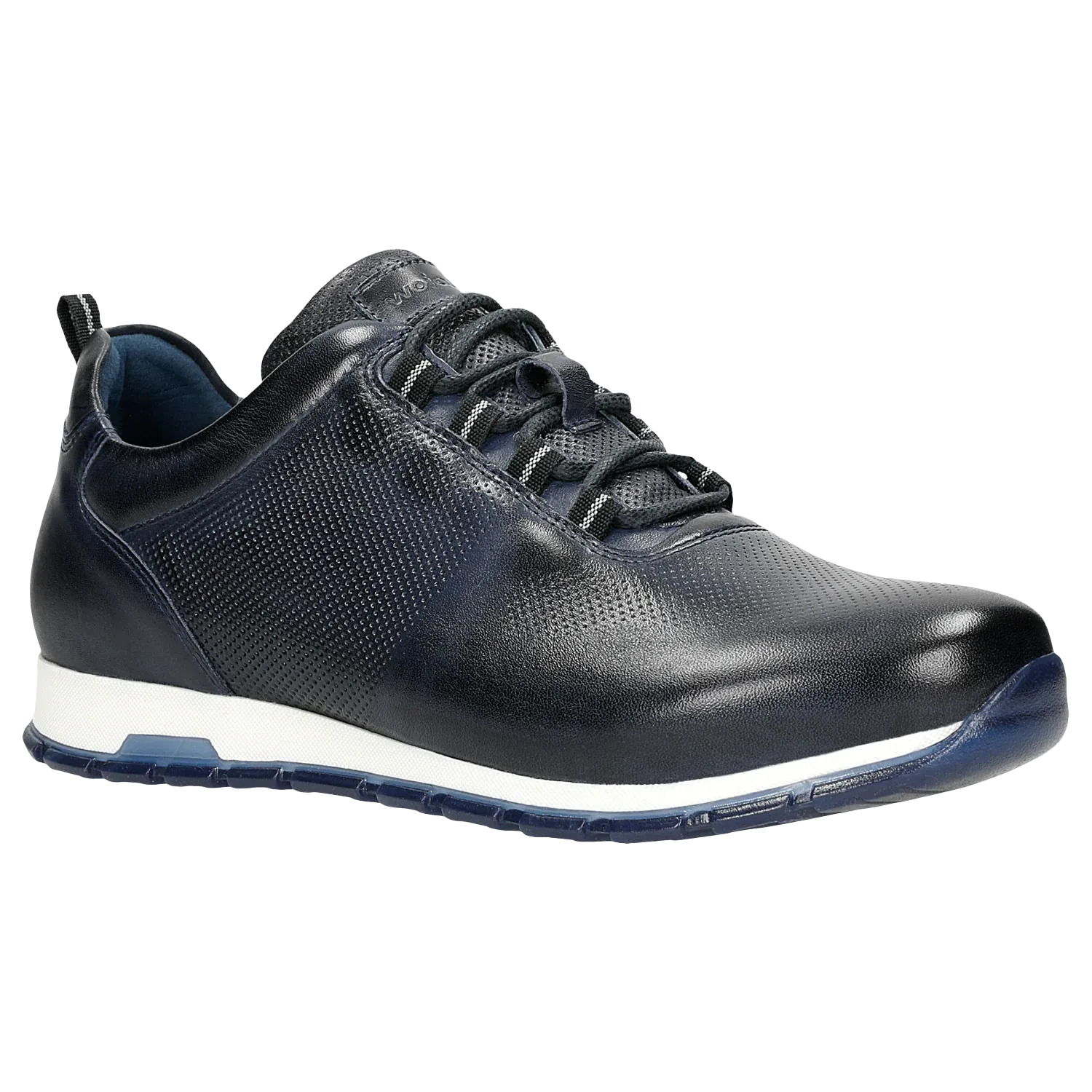 Wojas Dark Blue Leather Sneakers with Decorative Embossing | 10039-56