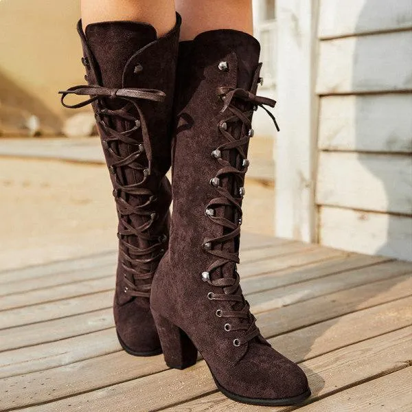 Women'S Square Toe Front Lace Up Chunky Heel Side Zip Boots