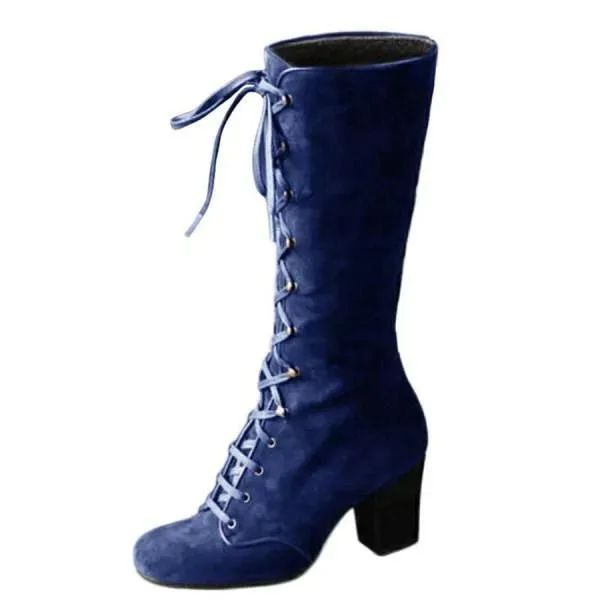 Women'S Square Toe Front Lace Up Chunky Heel Side Zip Boots