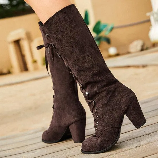 Women'S Square Toe Front Lace Up Chunky Heel Side Zip Boots