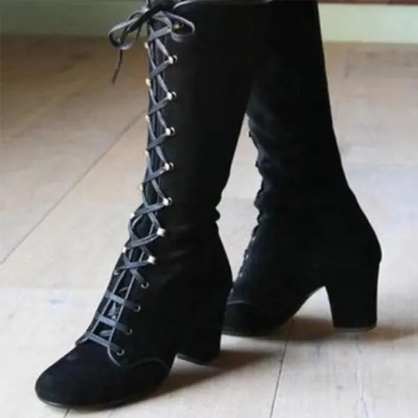 Women'S Square Toe Front Lace Up Chunky Heel Side Zip Boots