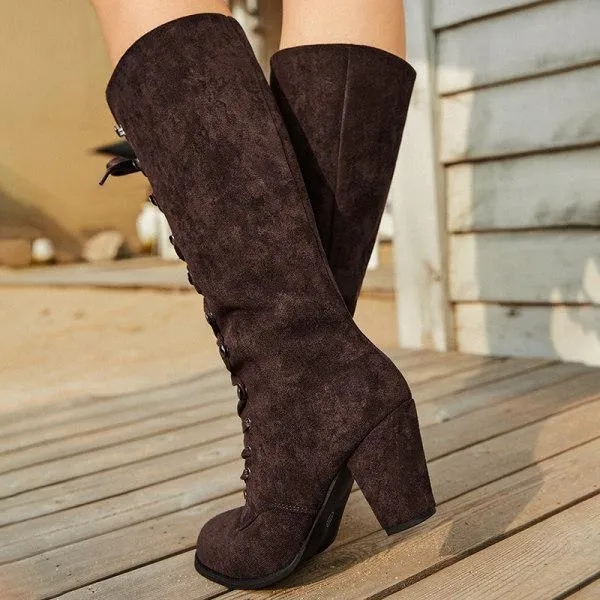 Women'S Square Toe Front Lace Up Chunky Heel Side Zip Boots