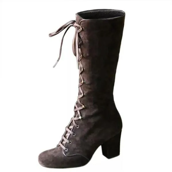 Women'S Square Toe Front Lace Up Chunky Heel Side Zip Boots