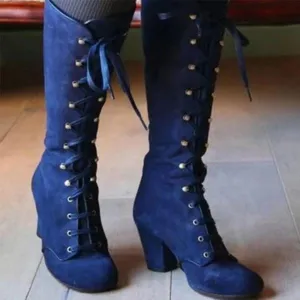 Women'S Square Toe Front Lace Up Chunky Heel Side Zip Boots
