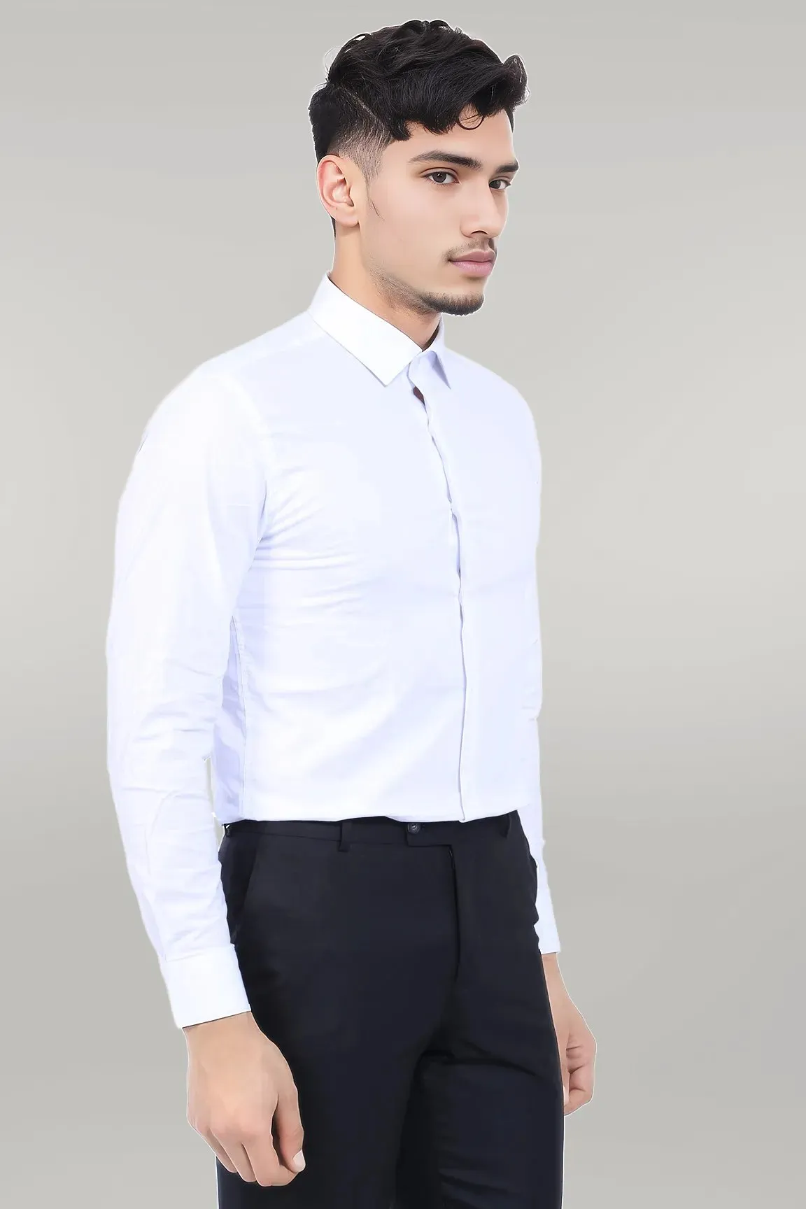 WSS Cotton Satin Plain Slim Fit White Men Shirt  - Singen